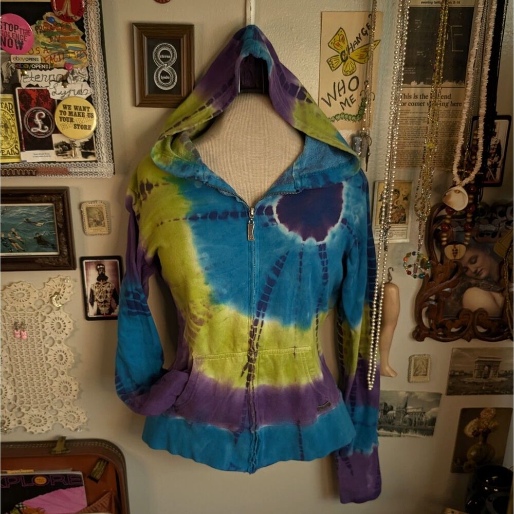 Tie Dye Spiral Zip Up Hoodie Sweatshirt Women's Medium Purple Blue
